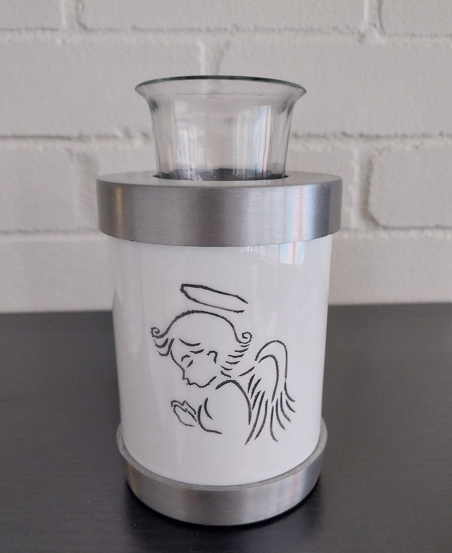 White tea light urn with hand-etched guardian angel design and brushed silver band