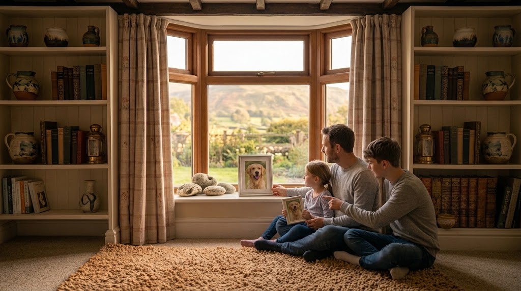 A father and his two children look at framed photos of their late dog together at home.