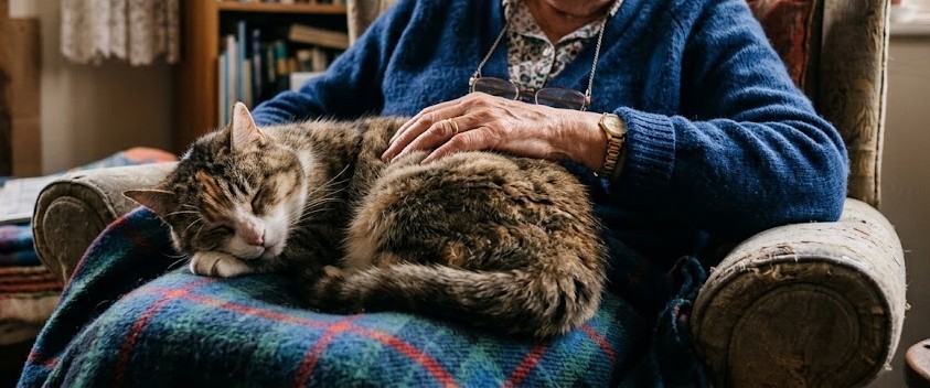 An elderly woman gently holding a tabby cat, sharing a quiet moment of companionship.