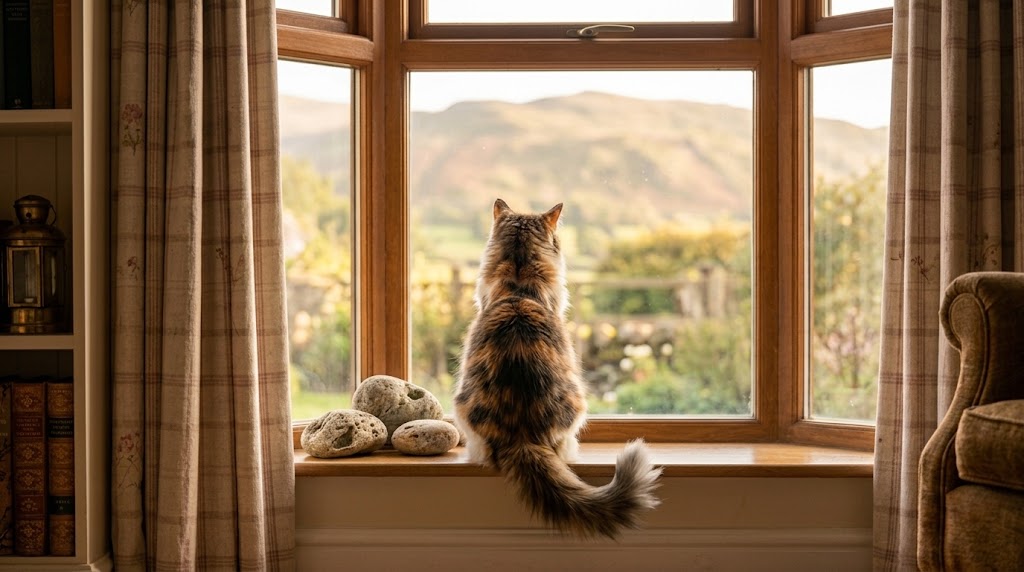 A cat sits on a windowsill looking out over a South Wales valley.