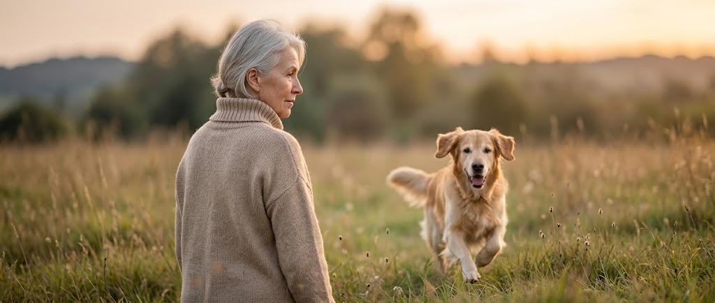 A woman walks through a field at sunset with her golden retriever running alongside her.