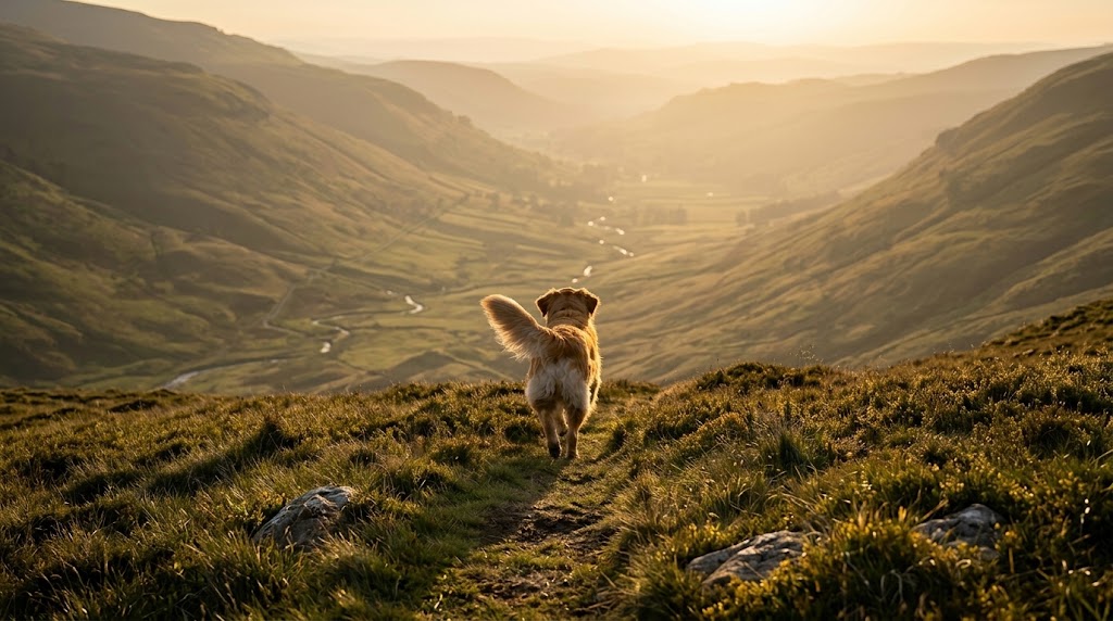 A golden retriever walks down a grassy path into a sunlit South Wales valley.
