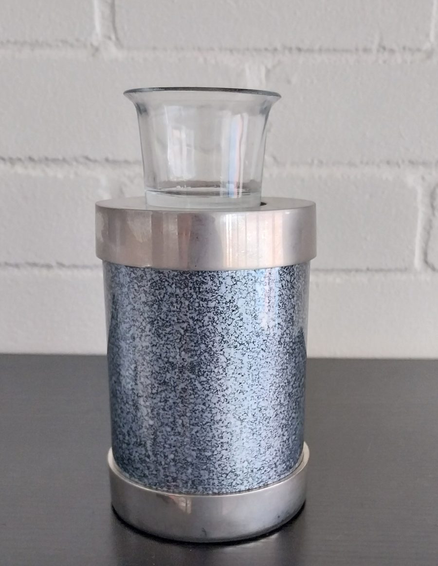 Grey marble-effect tea light urn with silver band and glass tea light holder