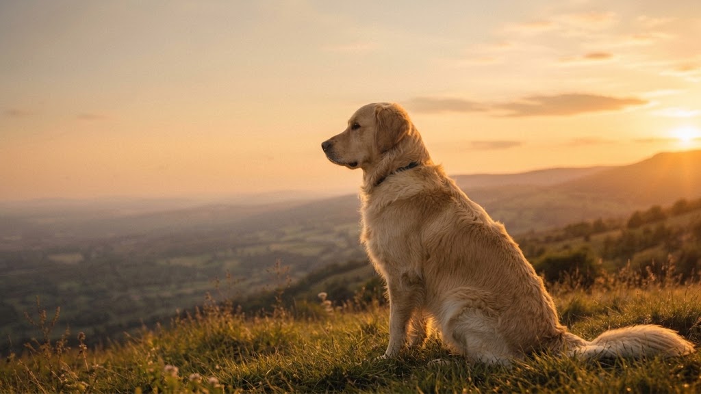 A golden retriever sits looking out over a South Wales valley at sunset.