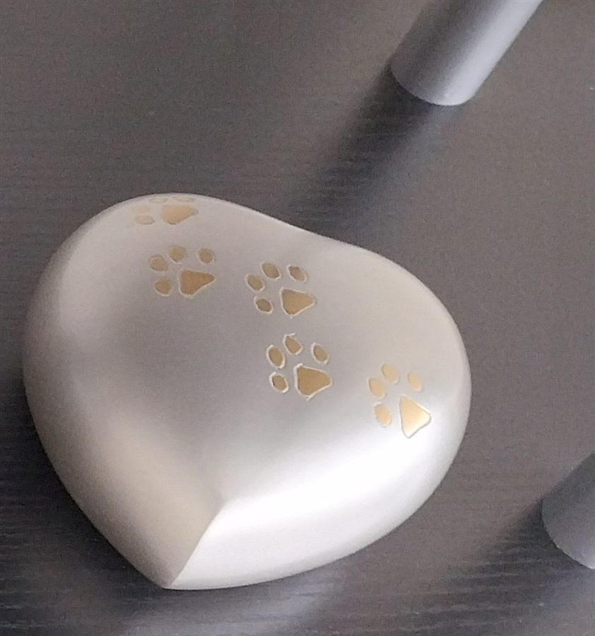 Light pewter heart-shaped pet urn with gold paw print detail
