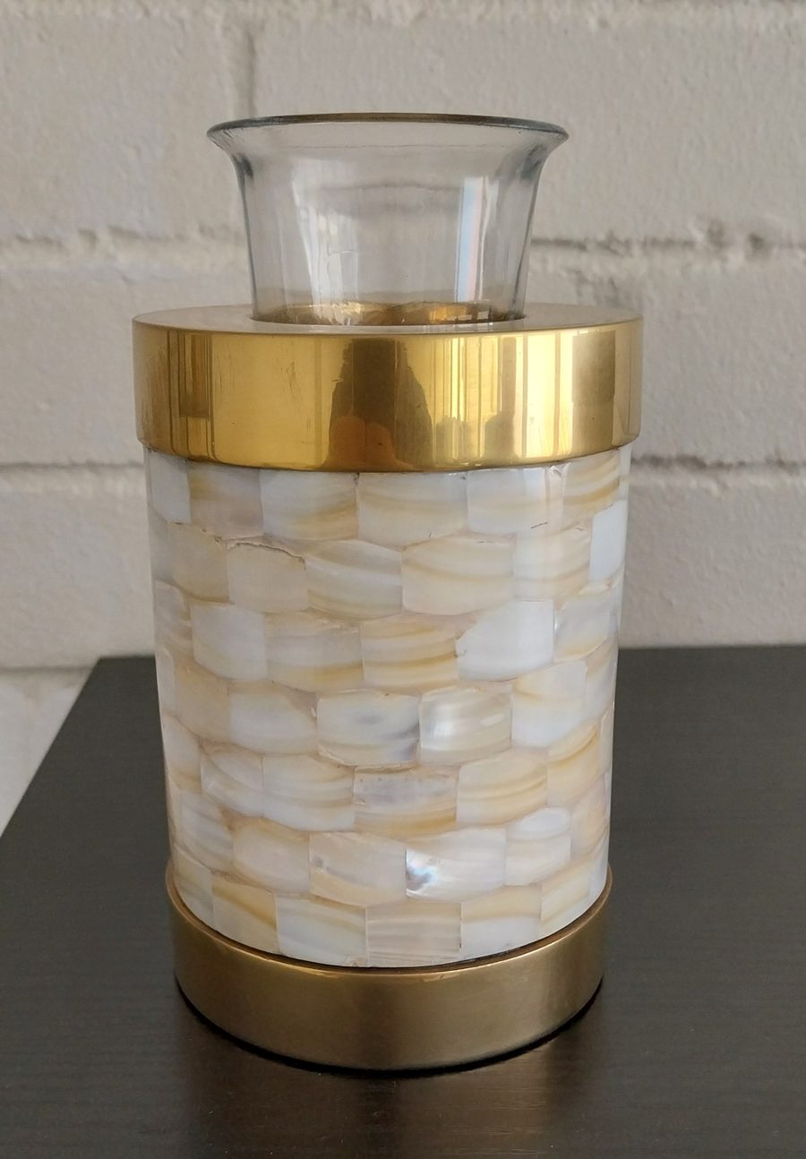 Mother of pearl and gold tea light urn with mosaic tiling and glass tea light holder
