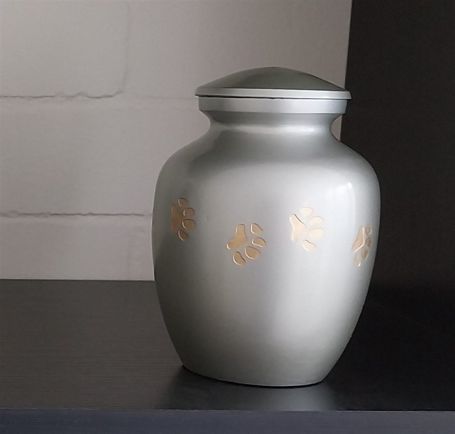 Pewter pet urn with gold paw print detail