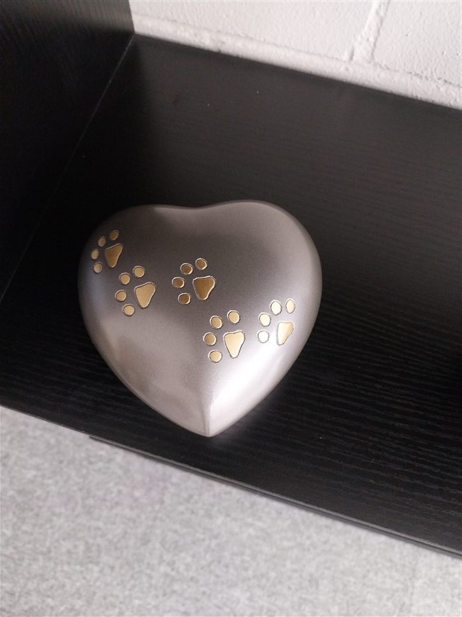 Silver heart-shaped pet urn with gold paw print detail