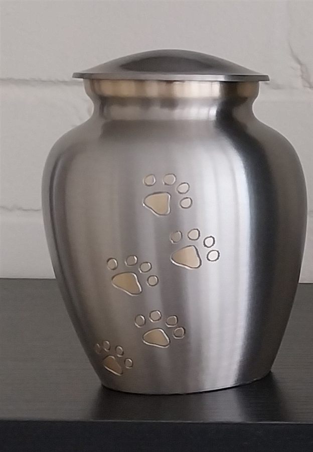 Silver pet urn with paw print detail