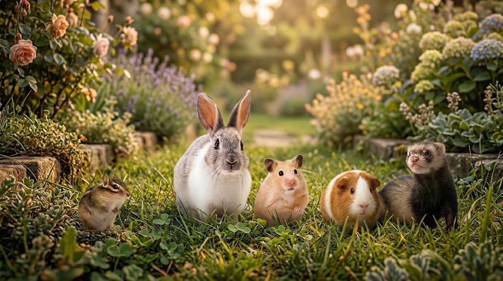 A rabbit, hamster, guinea pig, chipmunk and ferret together in a garden.
