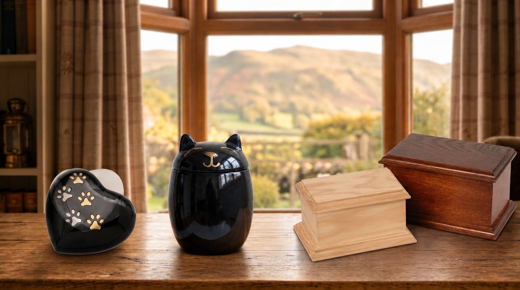 A heart-shaped paw print urn, a black cat-shaped urn, and wooden pet caskets on a windowsill overlooking a valley.