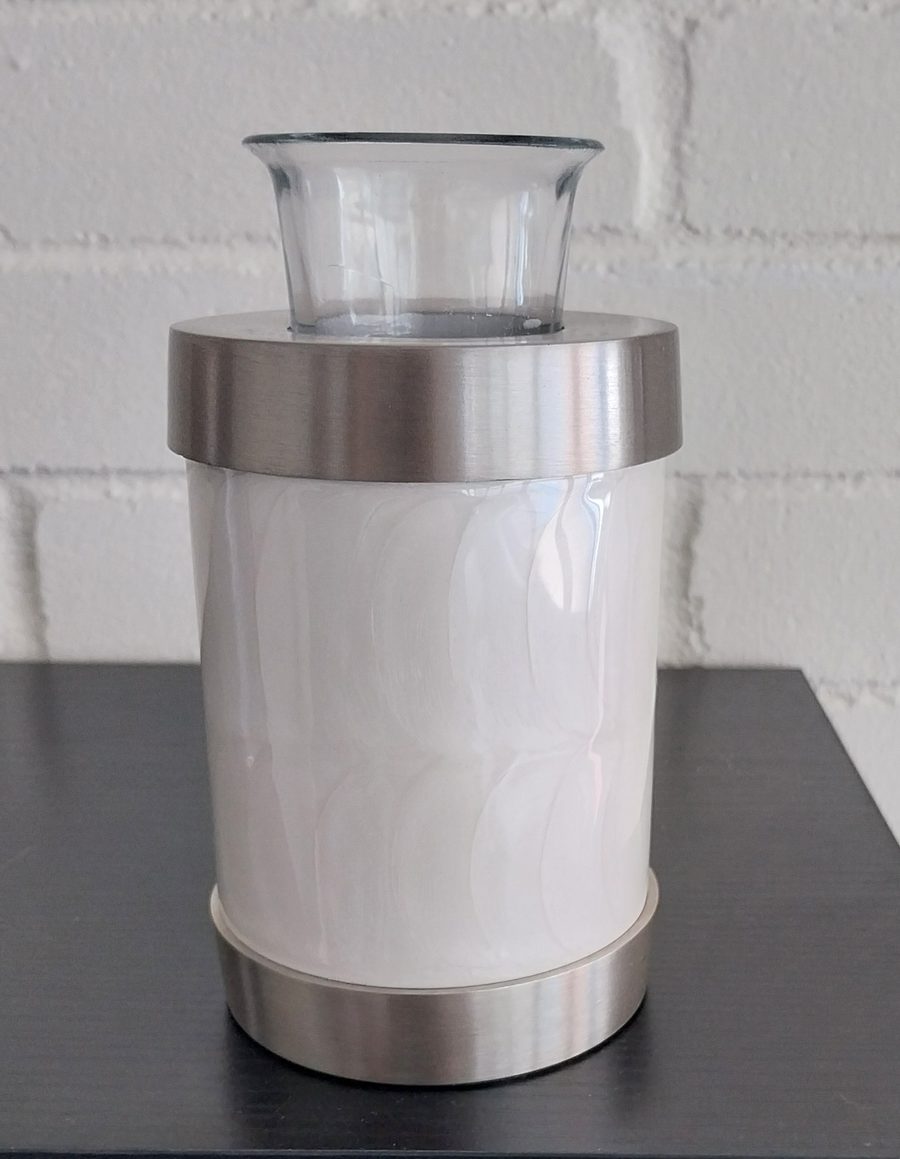 White tea light urn with brushed silver band and glass tea light holder
