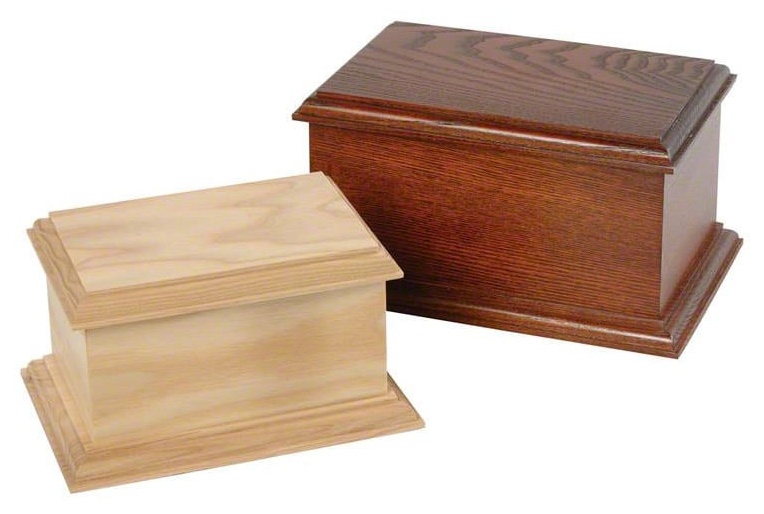 Wooden pet caskets in oak and pine finish, available engraved